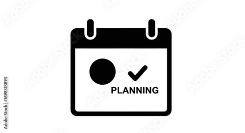 Black calendar icon with PLANNING text, circle, and checkmark.