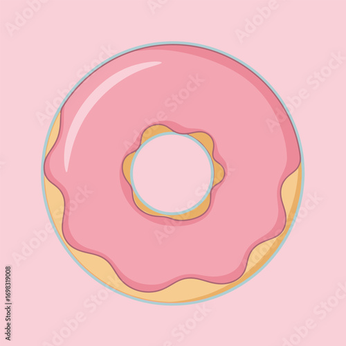 Pink frosted donut sits on a matching pink surface, showcasing its sweet glaze and tempting treat, creating a delightful and sugary scene.