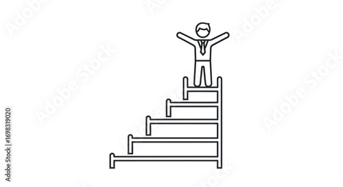Line art businessman celebrating success on top of a career ladder.