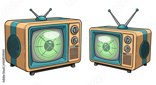 Two vintage televisions with antennas, showing a radar-like screen display, side-by-side.