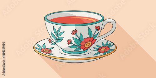 Teacup with floral pattern sitting on saucer casts a long shadow on a light peach surface, creating a warm and inviting atmosphere.