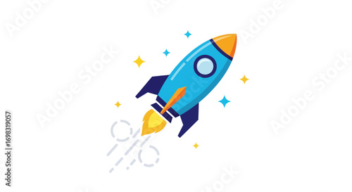 Cartoon Blue Rocket Ship Launching into Space.