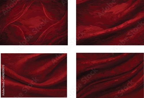 Four unique deep red vector images showcasing draped and textured material