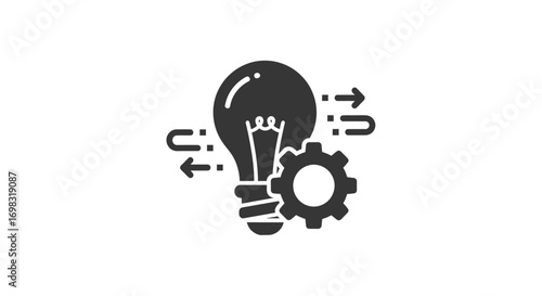 Innovation and implementation glyph icon featuring a lightbulb, a gear, and process arrows.