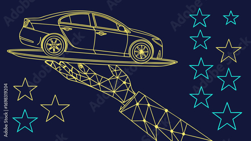 Hand holding car on plate in abstract vector style, showcasing modern design with geometric lines and star patterns