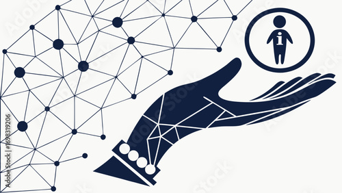 Hand holding information icon, representing data and connectivity in dark blue abstract design. This conveys sense of support and technology
