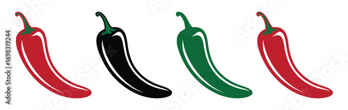 Hot natural chili pepper symbols. Set of red green and black spicy chili peppers. Spicy and hot. Vector illustration