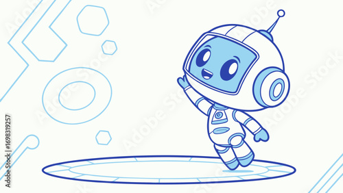 Cute cartoon robot character with friendly expression, wearing space helmet and waving. design features light blue color scheme and geometric