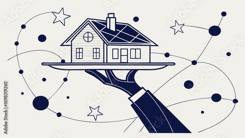 Hand holding house icon on plate symbolizes care and protection in cosmic setting, evoking feelings of security and comfort