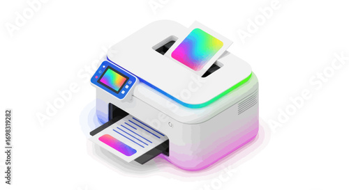 Modern White Printer Printing Colorful Documents with Display.
