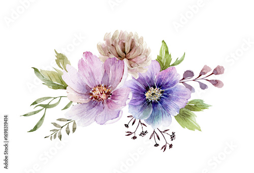 Bouquet of pink and lilac flowers, isolated watercolor hand drawn illustration