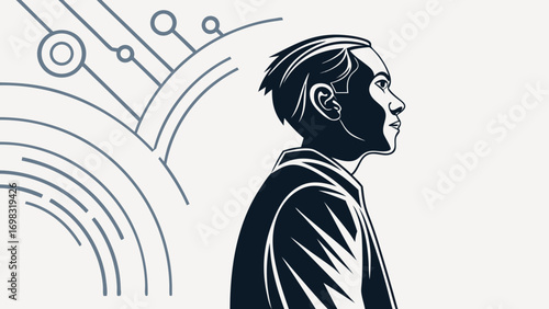 Stylized illustration of profile view of man with modern abstract background, conveying sense of innovation and creativity