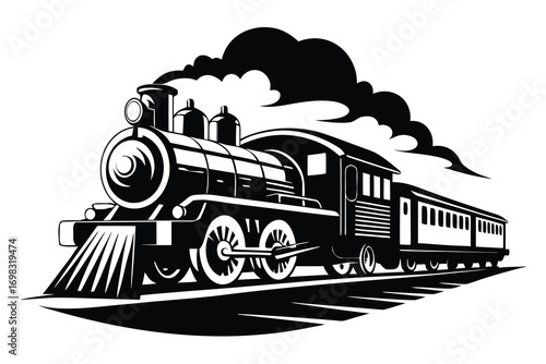 Vintage steam train locomotive railroad journey travel retro black white illustration