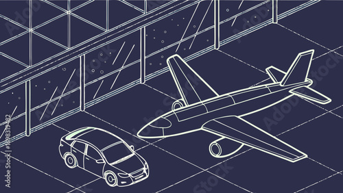 Detailed illustration of airplane and car inside hangar, showcasing modern design with clean lines and minimalist aesthetic. scene evokes sense