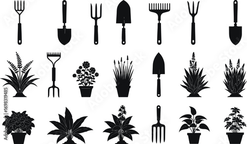 Gardening tools and potted plant silhouette set, black vector icons for farming, landscaping, planting, agriculture, home garden, nature design.