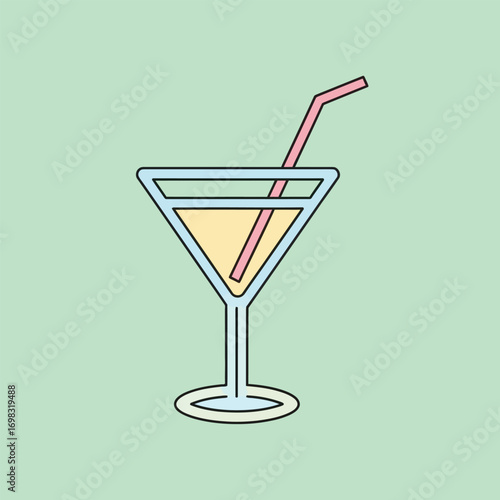 Refreshing cocktail sits on a table, garnished with a straw, casting a soft shadow, evoking a relaxed and summery vibe.