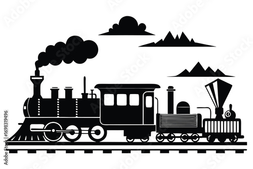 Vintage steam train silhouette black and white railroad journey mountains clouds transportation nostalgia travel retro locomotive engine
