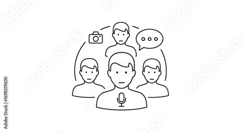 Group of people with microphone, camera, and speech bubble icons.