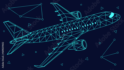 Modern airplane design geometric style, featuring dark blue background with abstract shapes and lines, evokes sense of innovation and technology