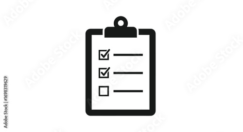 Black flat icon of a clipboard with a checklist showing completed and pending tasks.
