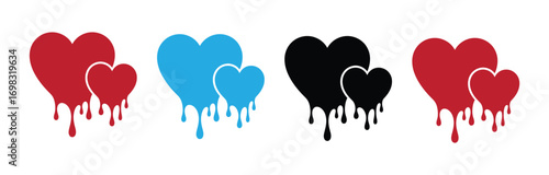 Expressive dripping heart icons in vibrant red, cool blue, and classic black offer dynamic visual metaphors for love, passion, and emotional expression in creative projects.
