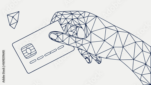 Geometric illustration of hand holding credit card, showcasing modern and abstract design. lines create unique visual effect