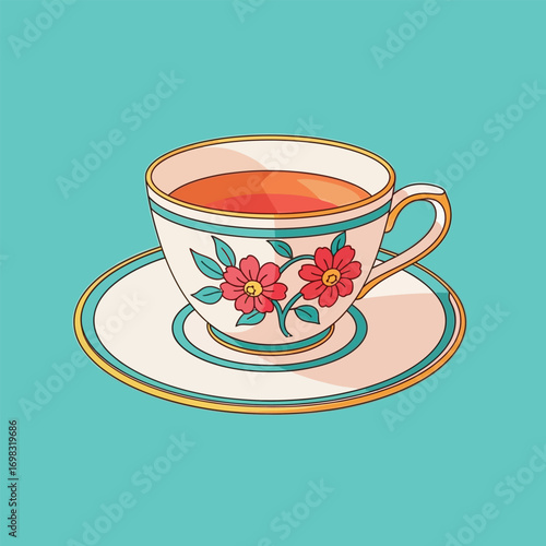 Elegant teacup filled with warm tea resting on a saucer, adorned with floral patterns against a serene blue backdrop, conveying a sense of tranquility and comfort.