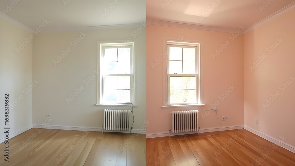 Obraz premium Simple room comparison showing plain walls versus freshly painted walls with natural light.