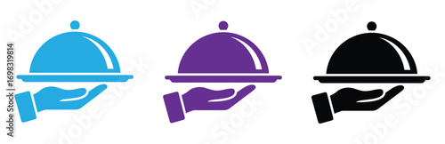 Three stylized icons of a hand holding a covered serving dish in black outline solid black and bright blue isolated on transparent background