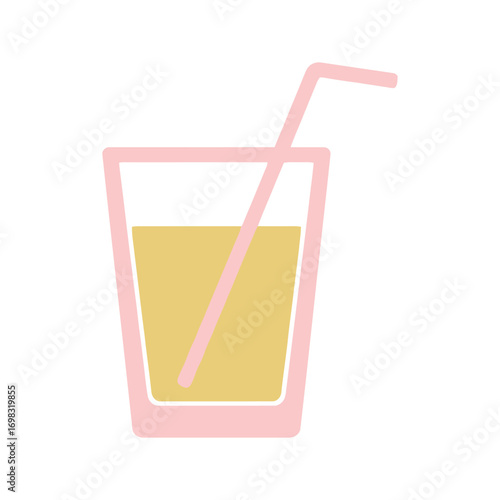 Refreshing glass of lemonade sits on white table with pink straw, casting soft shadows in bright, minimalist style.