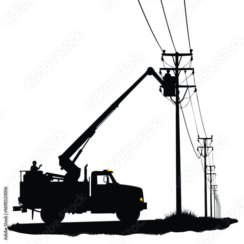 Lineman in bucket truck working on power lines silhouette Keywords: lineman, bucket truck, power