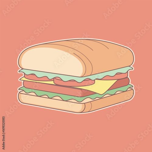 Delicious sandwich with fresh lettuce, tomato, cheese, and ham sits on a coral surface, inviting a tasty and satisfying meal experience.