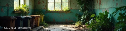 A dimly lit, cramped room with peeling paint and overflowing trash cans Overgrown plants cast shadows, highlighting the overall neglect and disrepair , shabby, dilapidated, paint
