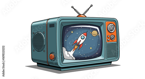 A vintage television set displays a rocket ship soaring through space with planets.