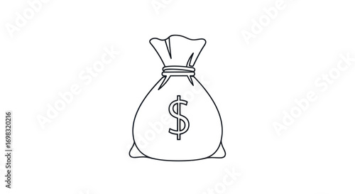 Line Art Drawing of a Money Bag with Dollar Sign Icon.