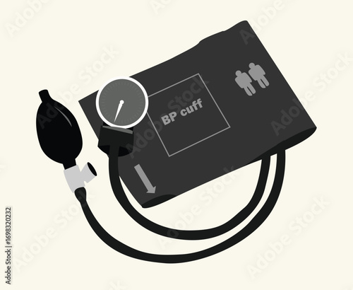 Illustration of a blood pressure cuff with gauge and inflation bulb, used for measuring blood pressure.