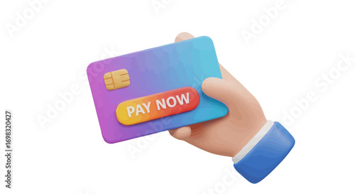3D cartoon hand holding a colorful gradient credit card with a prominent red Pay Now button for online transactions.