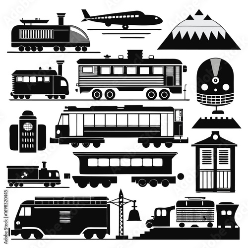 Black and white transportation icons train plane railway station mountain
