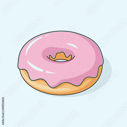 Delicious donut with pink frosting sitting on a light blue surface, creating a sweet and tempting treat, perfect for a delightful snack.
