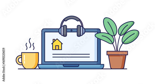 Home Office Setup with Laptop, Headphones, Coffee Mug, and Plant.