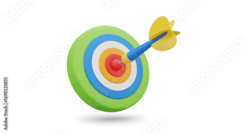 A colorful circular target with a blue and yellow dart hitting the red bullseye center.