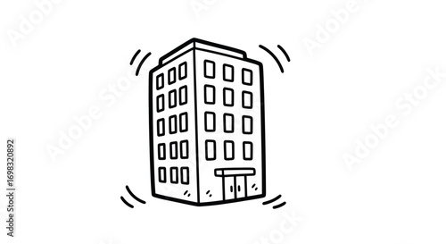 Shaking Office Building Cartoon Illustration with Multiple Windows and Entrance.