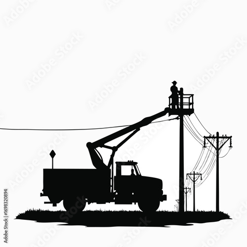 Lineman in bucket truck working on utility poles and wires