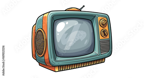 A cartoon illustration of a vintage television set with knobs and antenna.