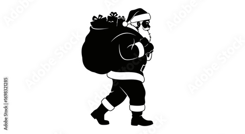Silhouette of Santa Claus walking, carrying a large bag of presents, on a white background.
