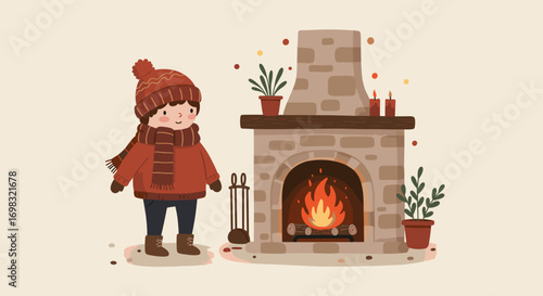 Young girl standing by a cozy fireplace wearing winter attire  