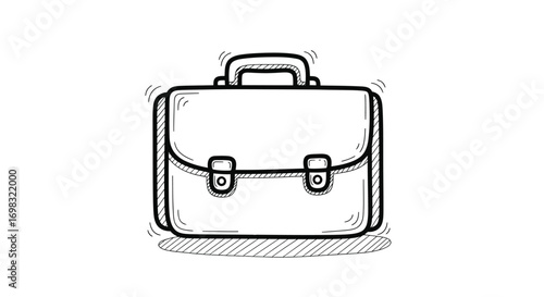 Hand-drawn illustration of a classic leather briefcase with handle and buckle closures.