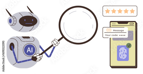 AI robot holding magnifying glass investigating smartphone verification with fingerprint, message code, and rating system. Ideal for technology, security, AI, mobile apps, research, automation