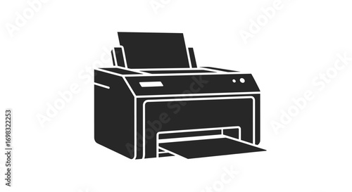 Black silhouette icon of a desktop printer printing a document.