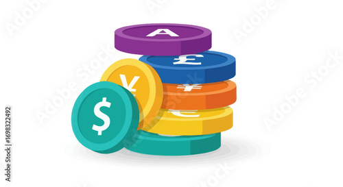Stack of Colorful Currency Coins with Dollar Sign.